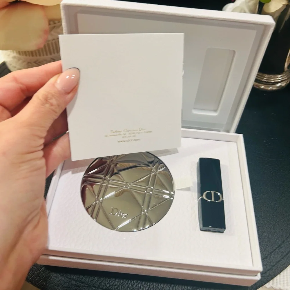 DIOR Set Silver Cannage Double Sided Mirror and Lipstick #720 New In Box